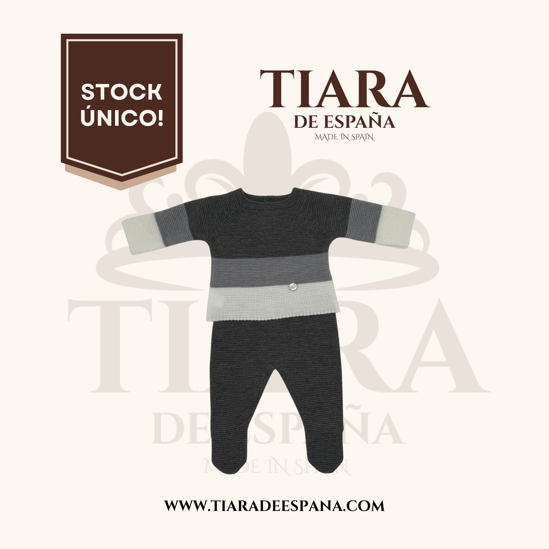 Conjunto bebé gris de punto a franjas con polaina Tiara de España