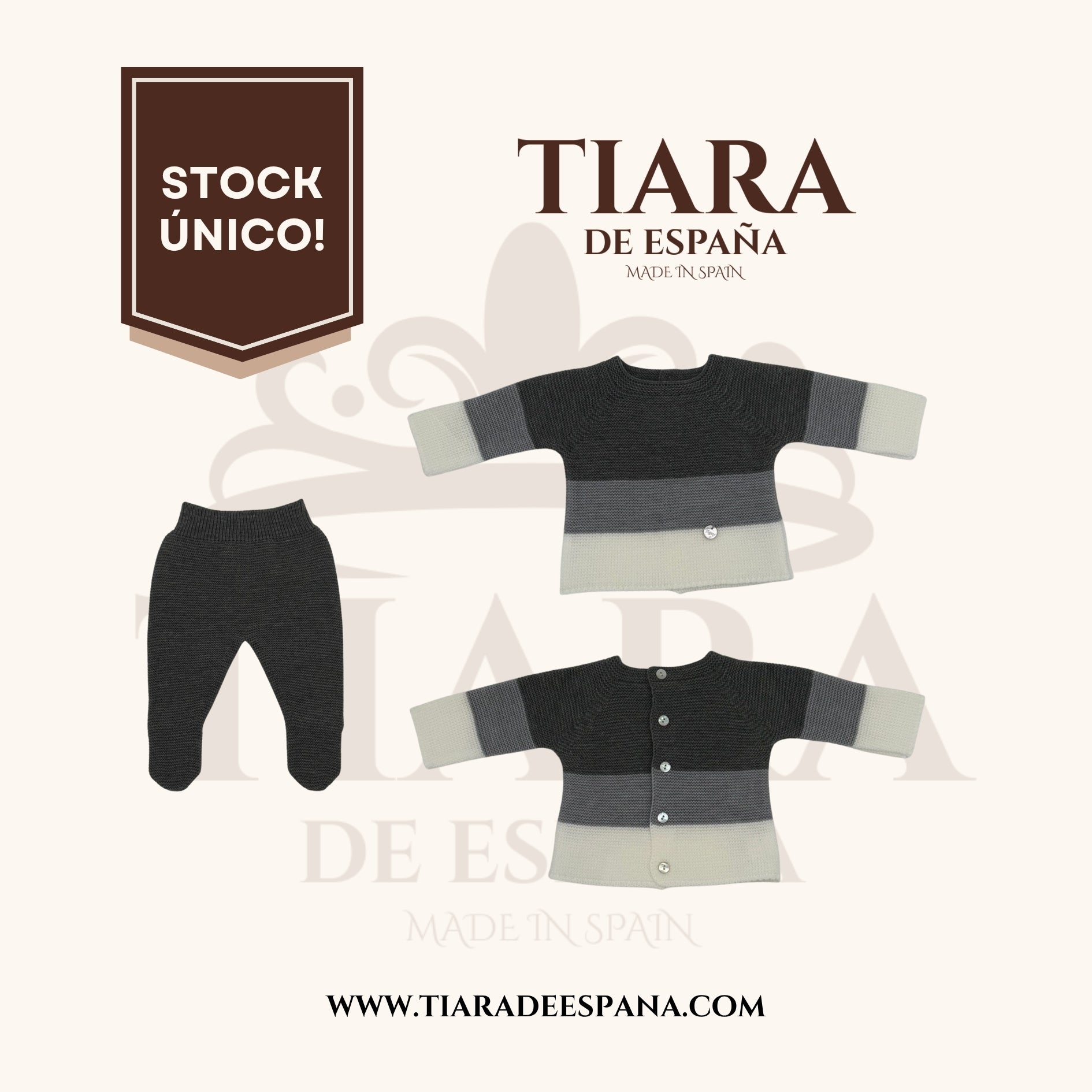 Conjunto bebé gris de punto a franjas con polaina Tiara de España
