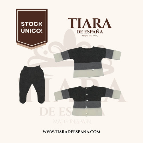 Conjunto bebé gris de punto a franjas con polaina Tiara de España
