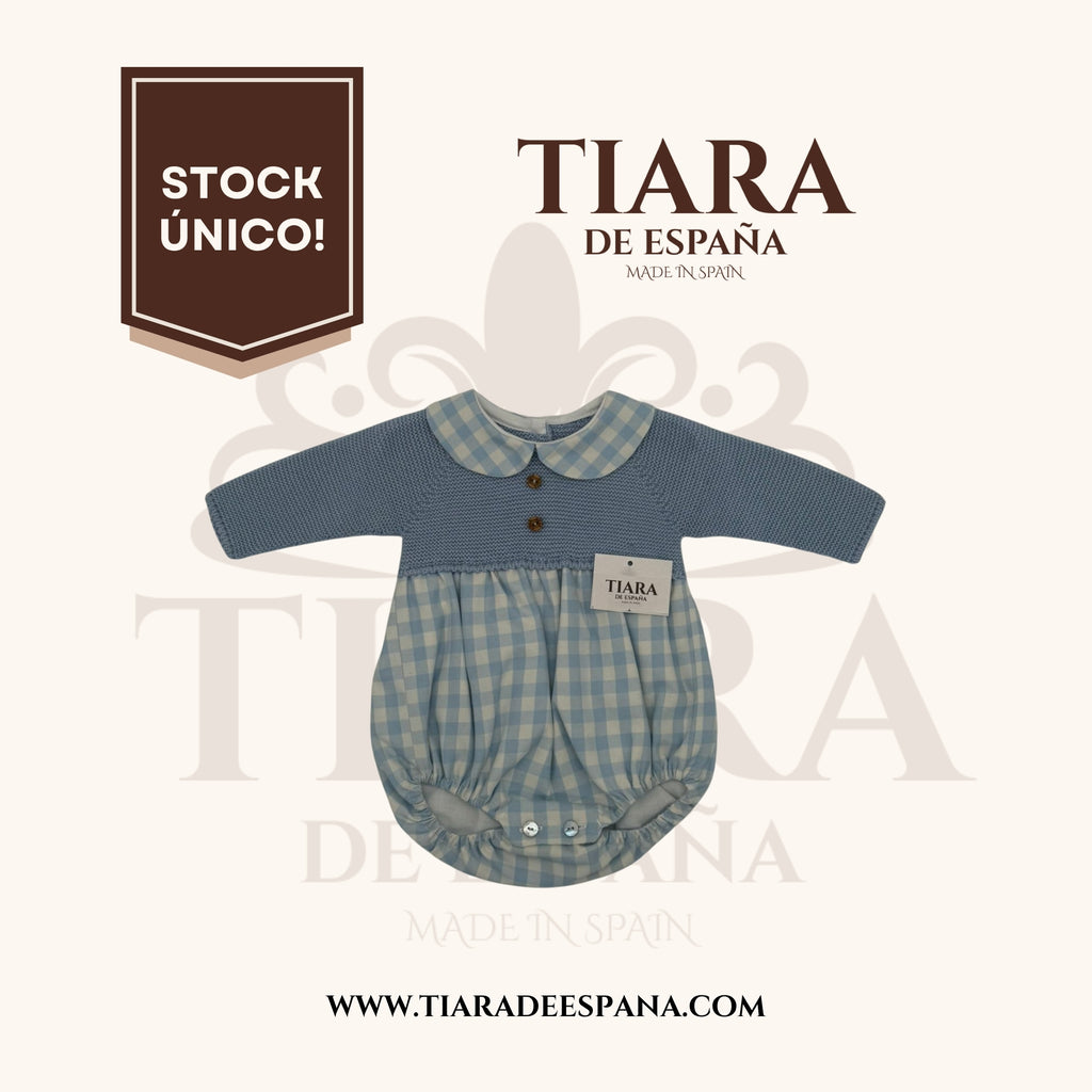 TR-111 / Pelele bebé azul lisy con tejido vichy y punto.