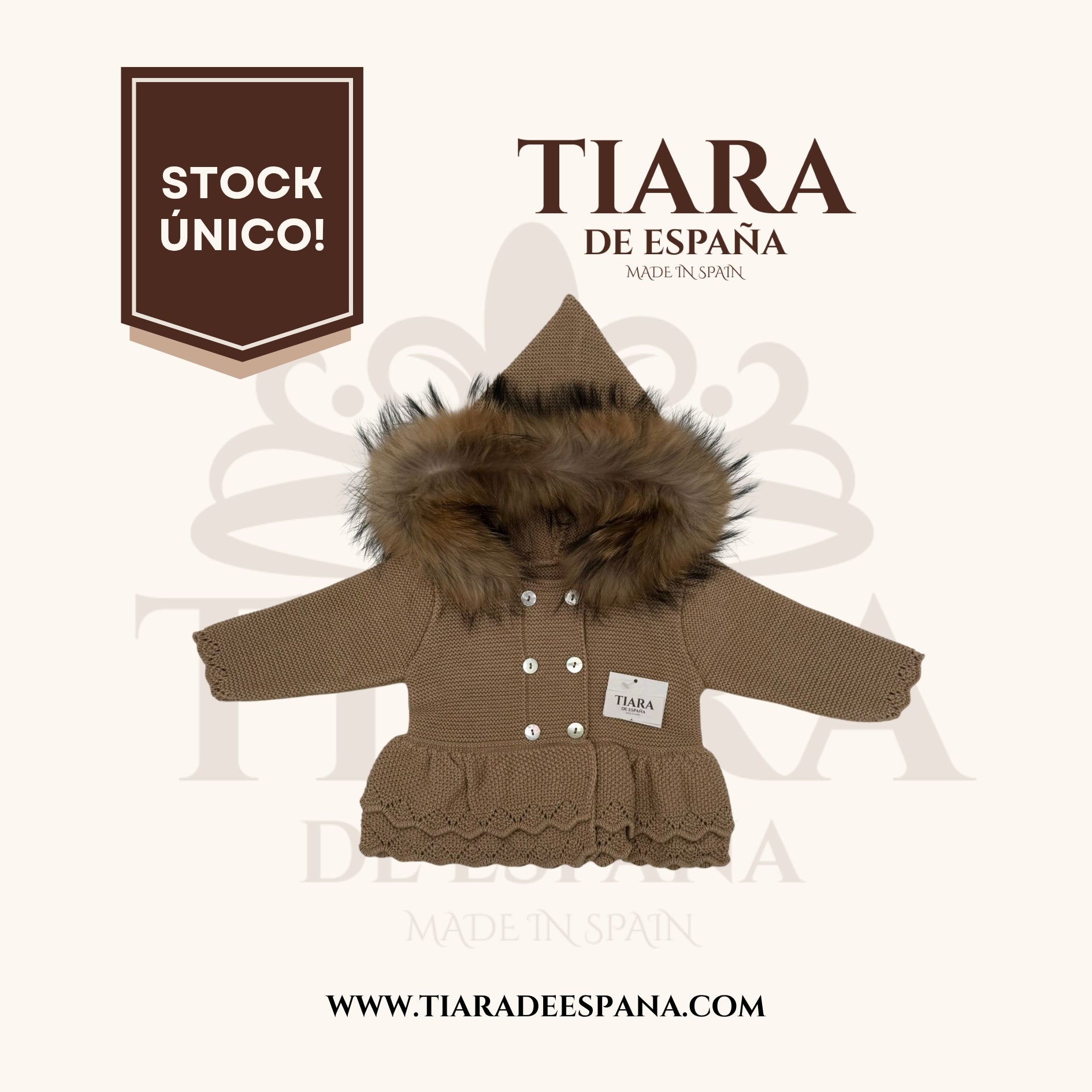 Abrigo bebé marrón de punto con capucha y pelo natural Tiara de España