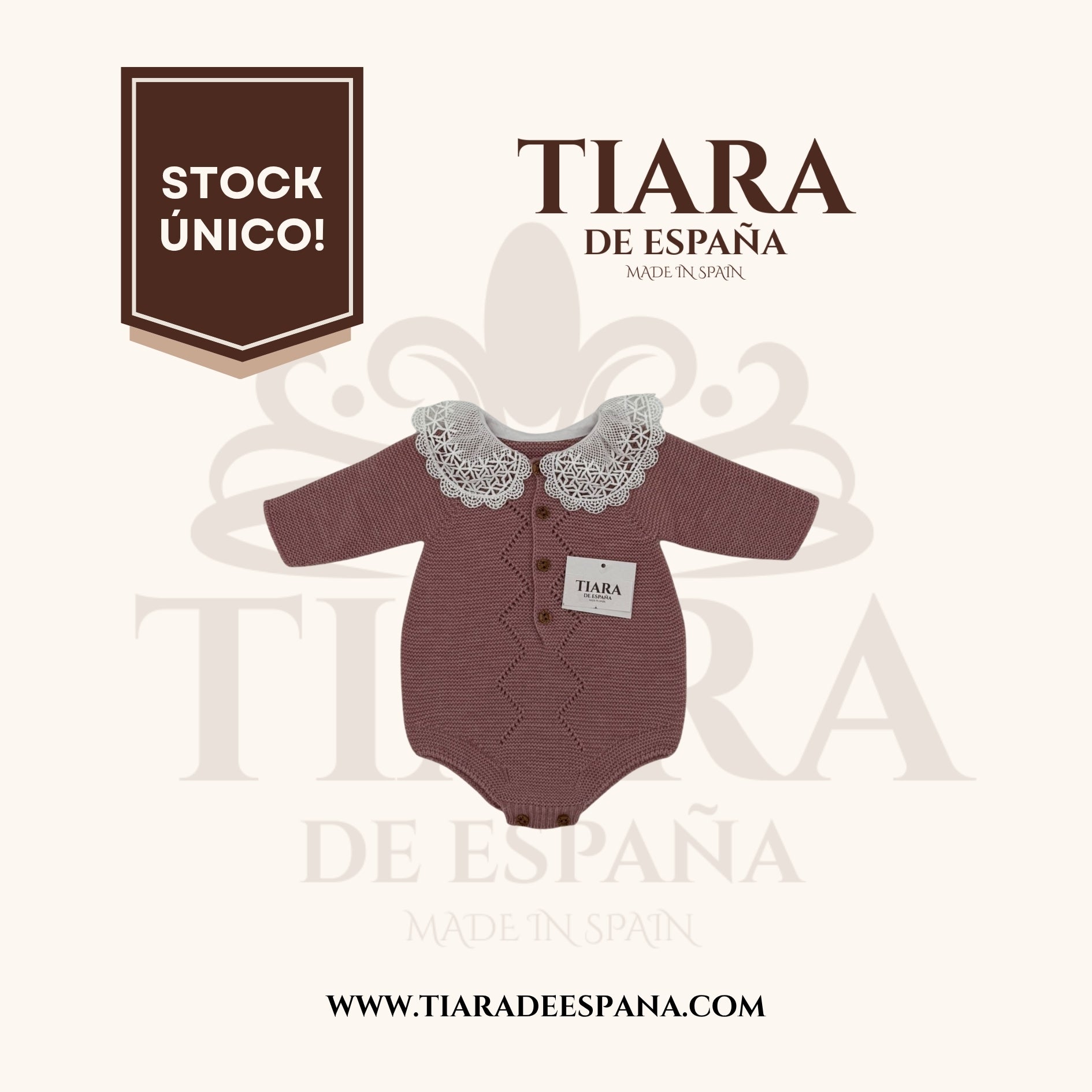 Pelele de bebé punto rosa con cuello de encaje Tiara de España