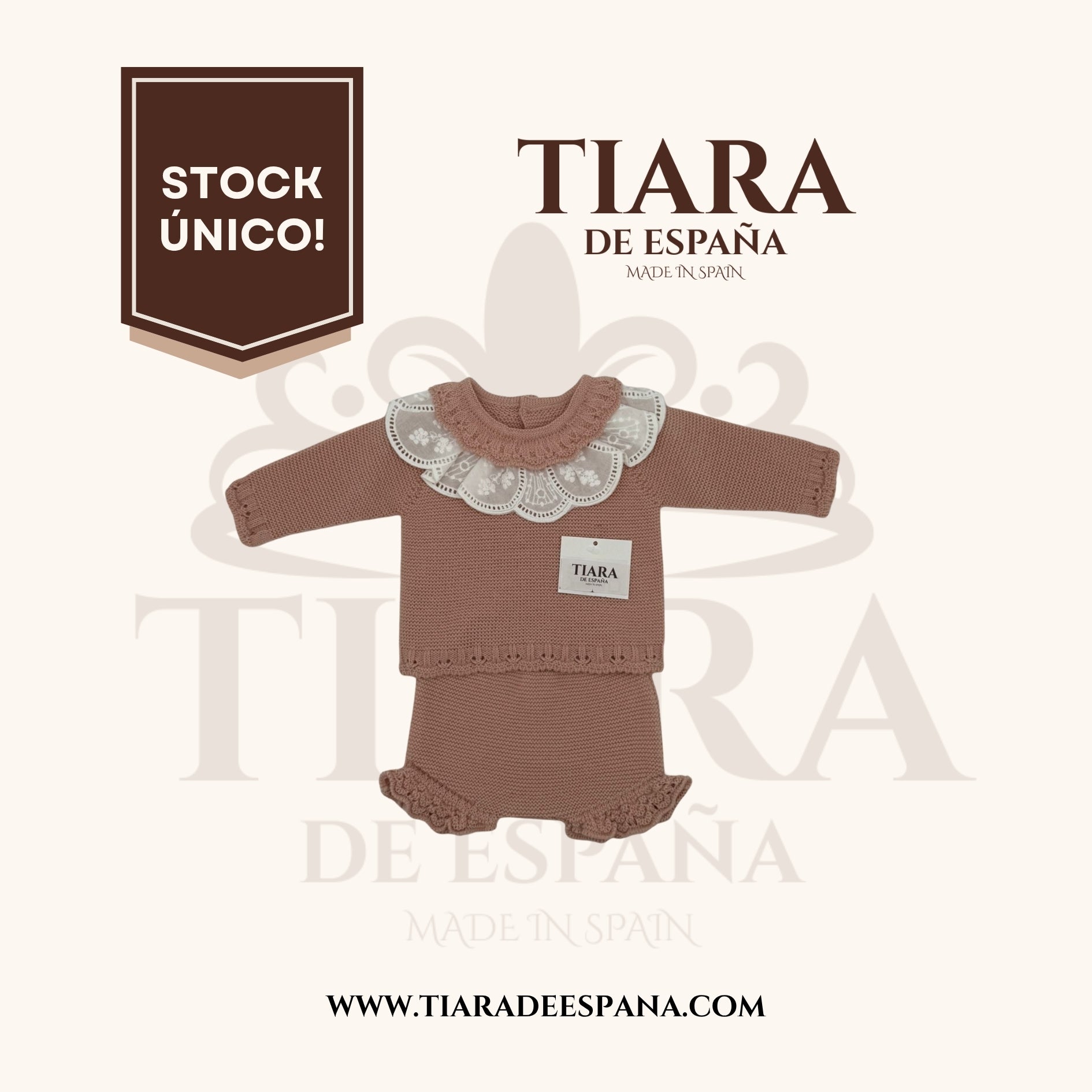 Conjunto bebé 2 piezas rosa con cuello de encaje Tiara de España