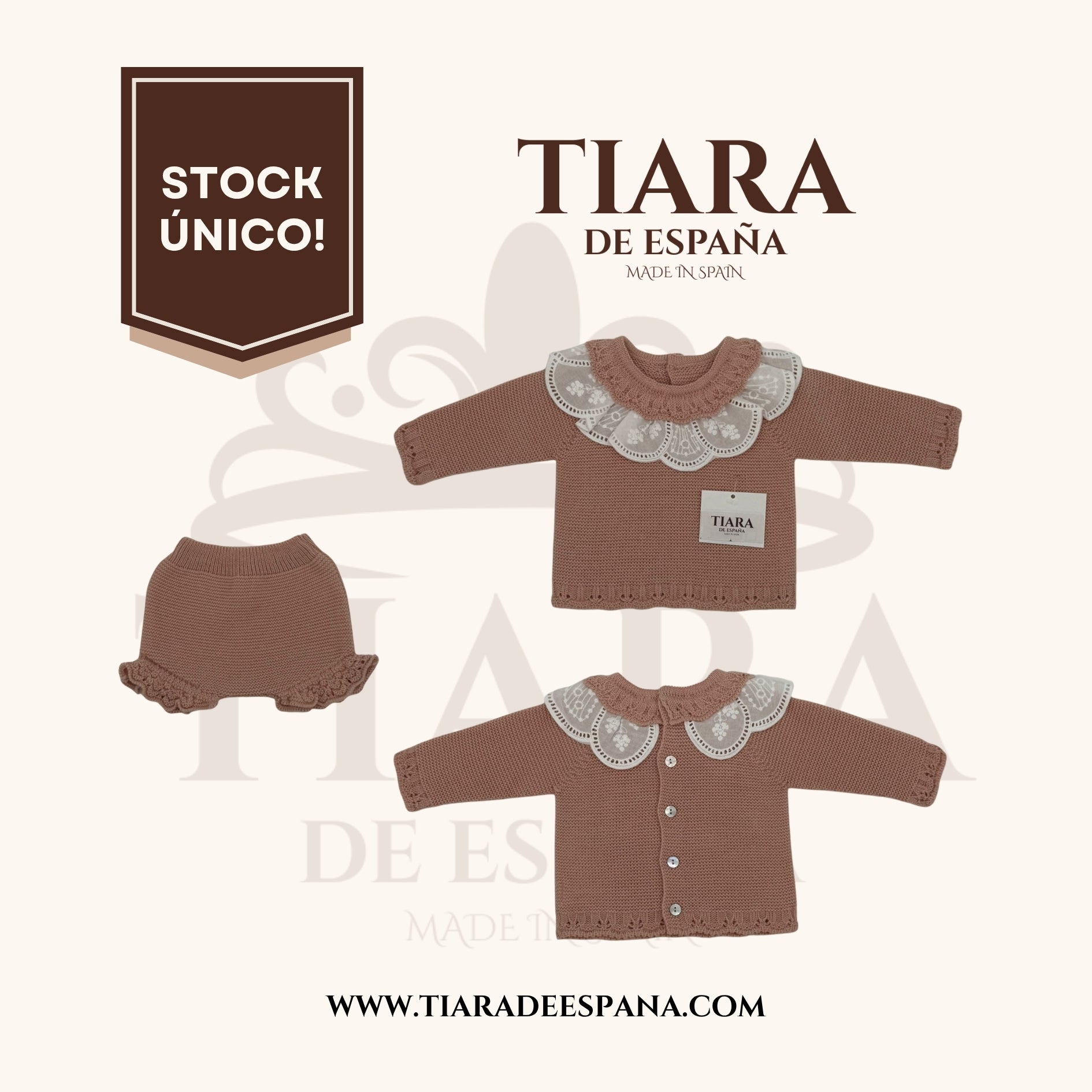 Conjunto bebé 2 piezas rosa con cuello de encaje Tiara de España