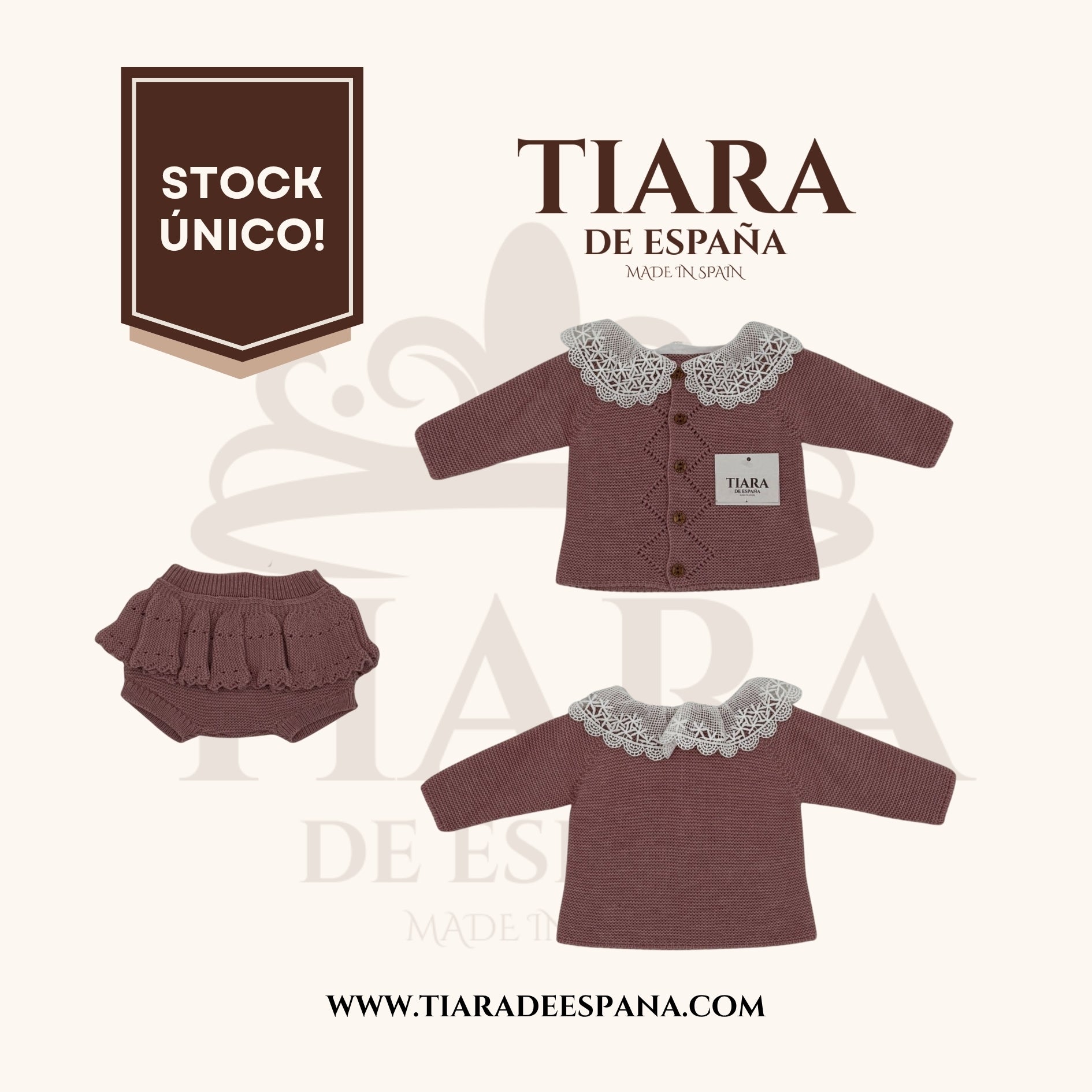 Conjunto de bebé punto rosa con volantes y encaje Tiara de España