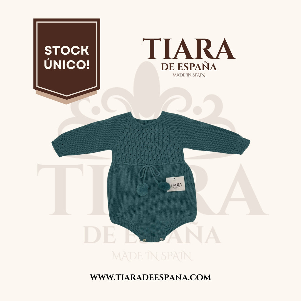 Pelele bebé verde petróleo con calado y pompones Tiara de España
