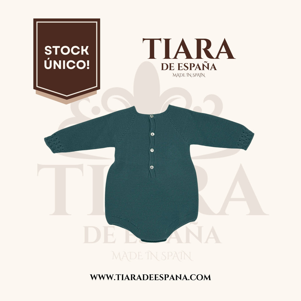 Pelele bebé verde petróleo con calado y pompones Tiara de España