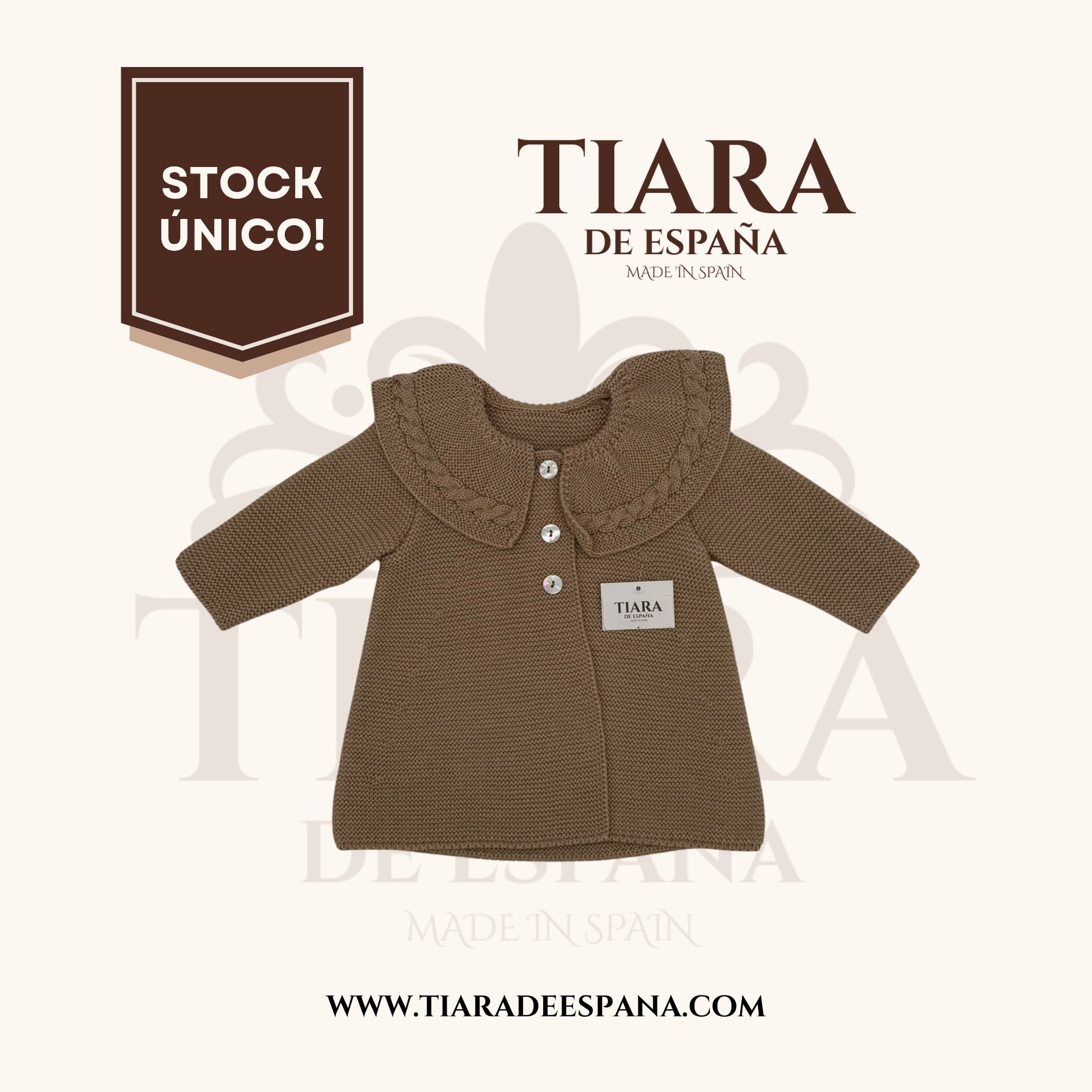 Chaqueta bebé marrón de punto con cuello trenzado Tiara de España