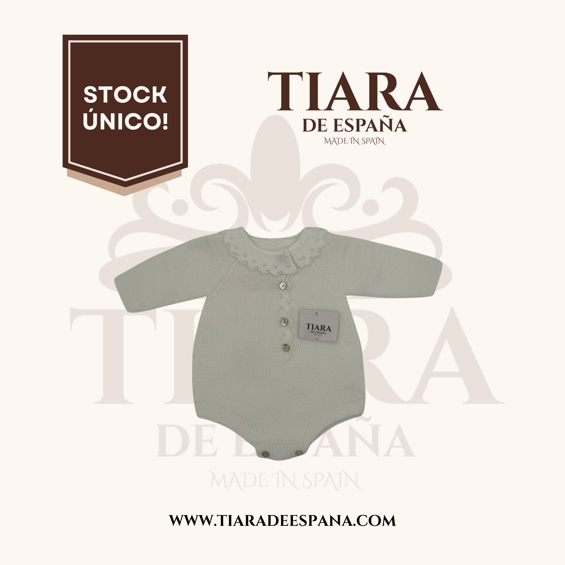 Pelele bebé blanco ángel de punto con cuello calado Tiara de España