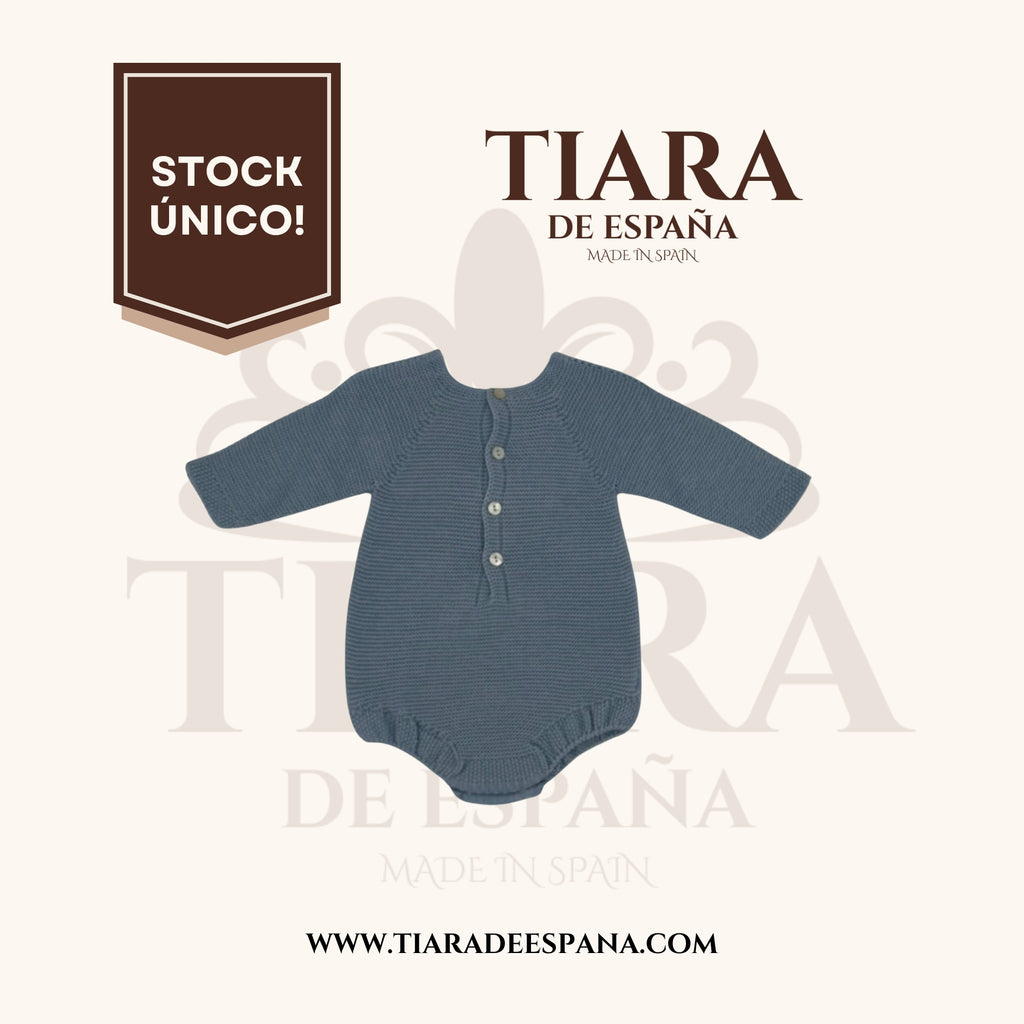 Pelele bebé de lujo, azul con encaje y lazo Tiara de España